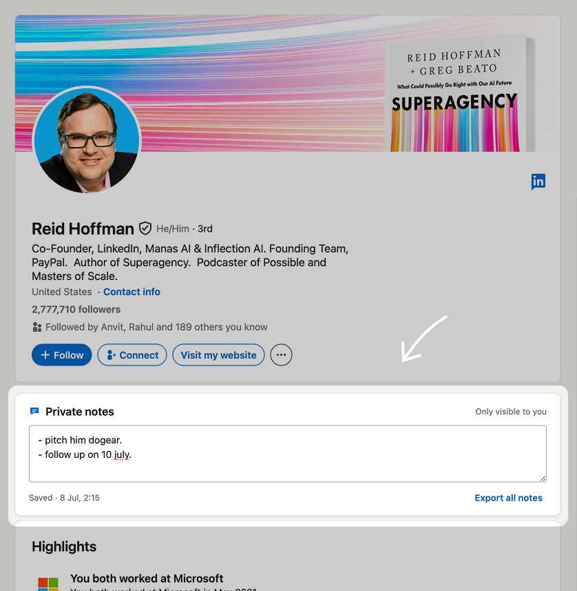Dogear private notes on Reid Hoffman's LinkedIn profile